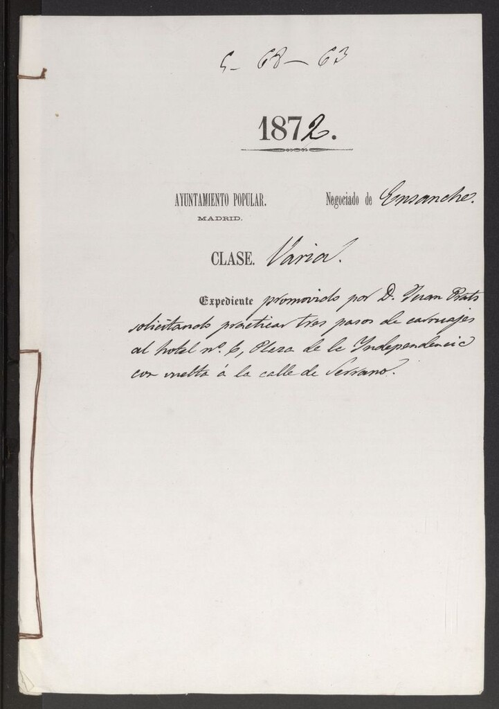 Miniatura de D. Juan Prats, solicitando practicar tres pasos de carruajes al hotel nº 6, Plaza de la Independencia con vuelta a la calle de Serrano.