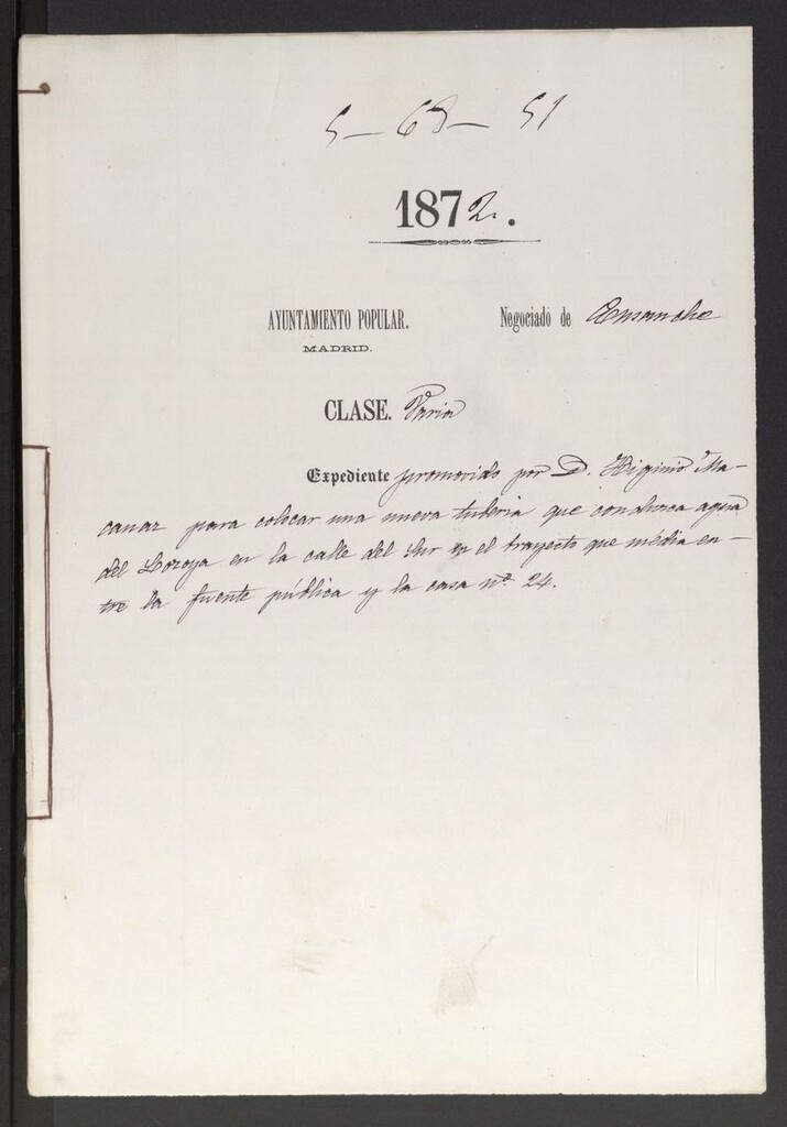 Miniatura de D. Higinio Macanar, para colocar una nueva tuberia que conduzca agua del Lozoya en la calle del Sur en el trayecto que media entre la fuente pública y la casa nº 24.