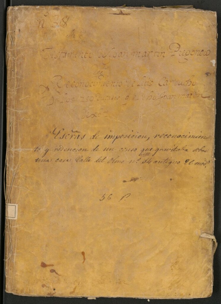 Miniatura de Testamento de Juan Martín, pregonero : reconocimiento de Luis Carducho de los 250 ducados q[ue] le pagó Joan Martí dexó : escr[ritu]ras de imposiciones, reconocimiento y redención de un censo que gravitaba sobre una casa Calle del Olmo nº 14 antiguo, 26 mod[erno]