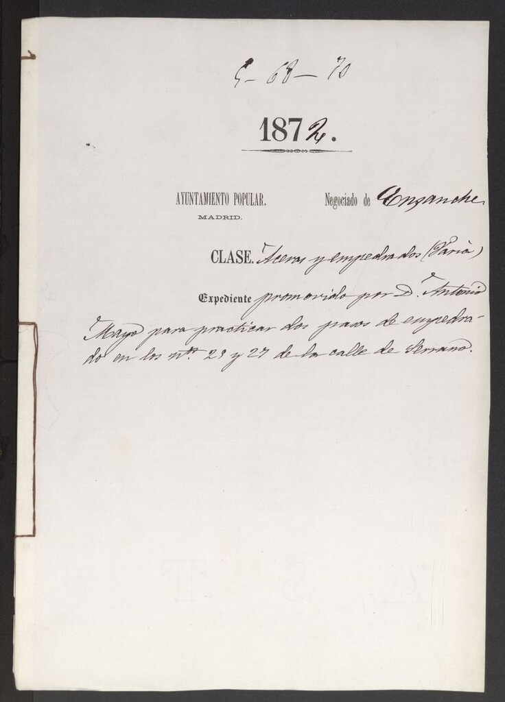 Miniatura de D. Antonio Mayo, para practicar dos pasos de empedrado en los nºs 23 y 27 de la calle de Serrano.