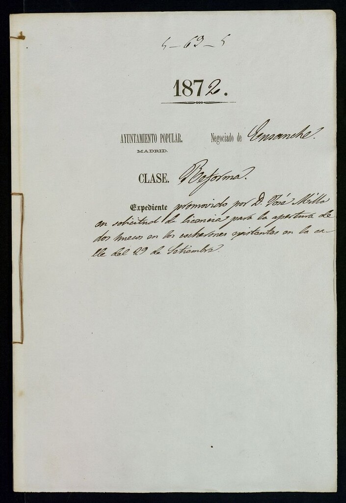 Miniatura de D. José Milla, en solicitud de licencia para la apertura de dos huecos en los cocherones existentes en la calle del 29 de Septiembre.