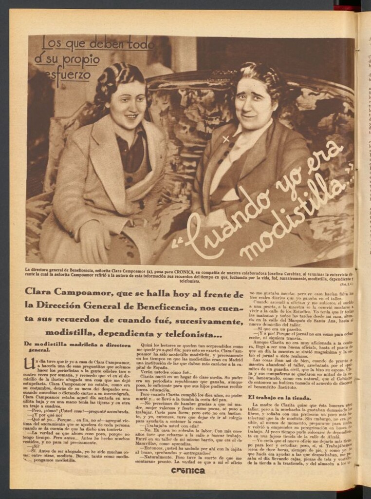 Miniatura de Los que den todo a su propio esfuerzo. Clara Campoamor, que se halla hoy al frente de la Dirección General de Beneficencia, nos cuenta sus recuerdos de cuando fue, sucesivamente, modistilla, dependienta y telefonista