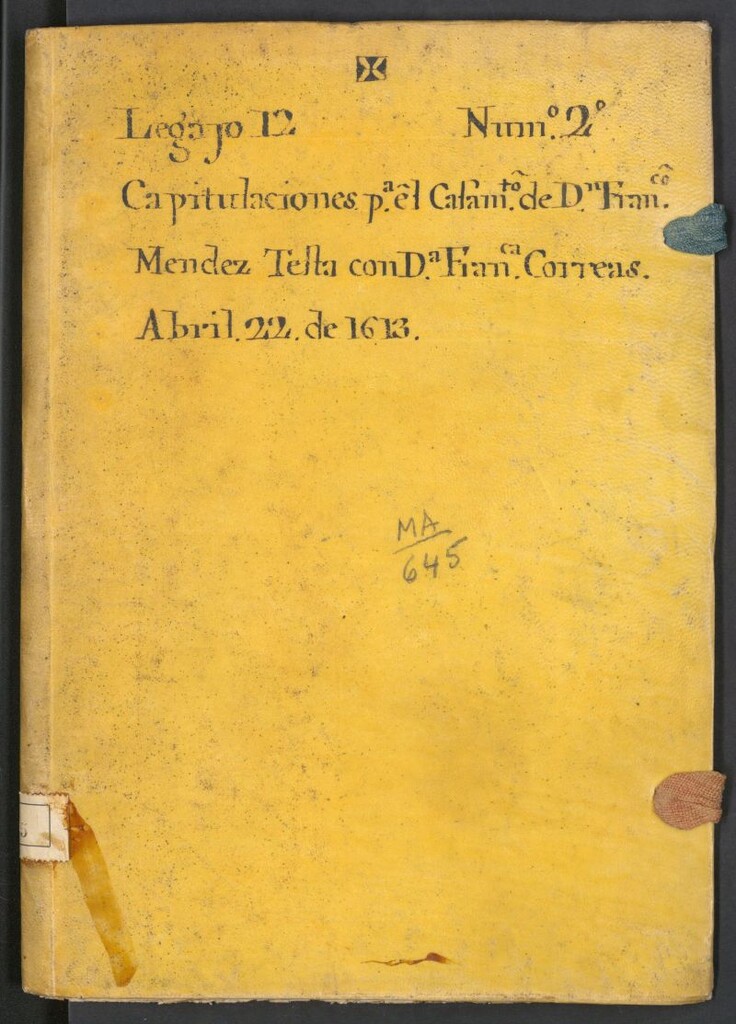 Miniatura de Capitulaciones p[ar]a el casam[ien]to de D[o]n Fran[cis]co Méndez Testa con D[oñ]a Fran[cis]ca Correas        http:/