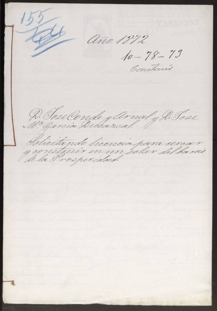 Miniatura de D. José Conde y Arnal y D. José Mª García Ducazcal, solicitando licencia para cercar y construir en un solar del barrio de la Properidad.