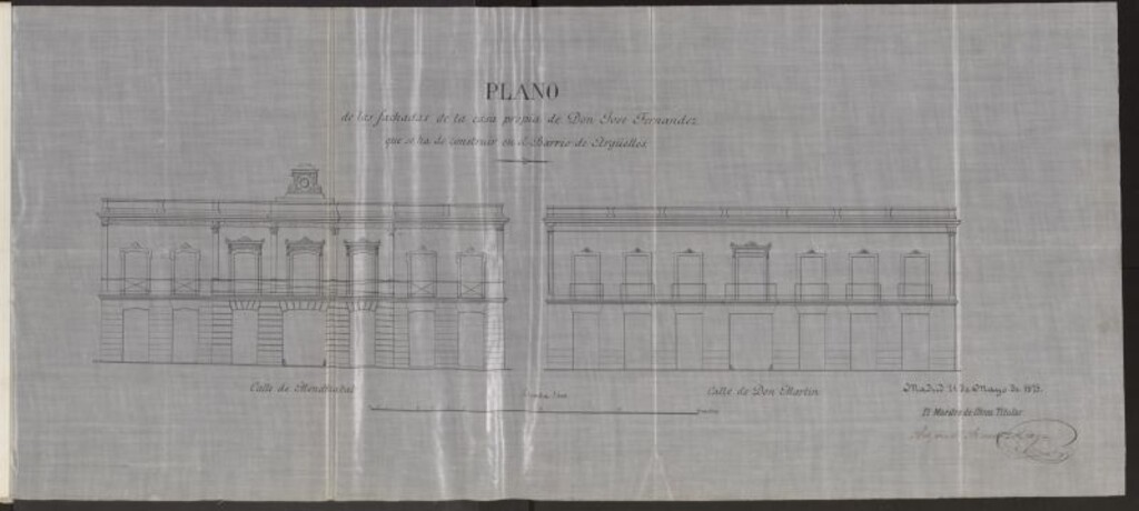 Miniatura de D. José Fernández, para edificar de nueva planta en un solar que forma parte de la manzana 22 del Barrio de Argüelles, con fachada a la calle de Mendizabal y D. Martín
