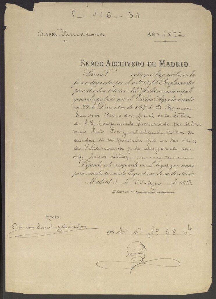 Miniatura de Recibo de entrega del expediente D. Ramón Sánchez Pescador, expediente promovido por D. Ignacio Justo Perry, solicitando la tira de cuerdas de su posesión sita en la Calle Villanueva y de Lagasca.