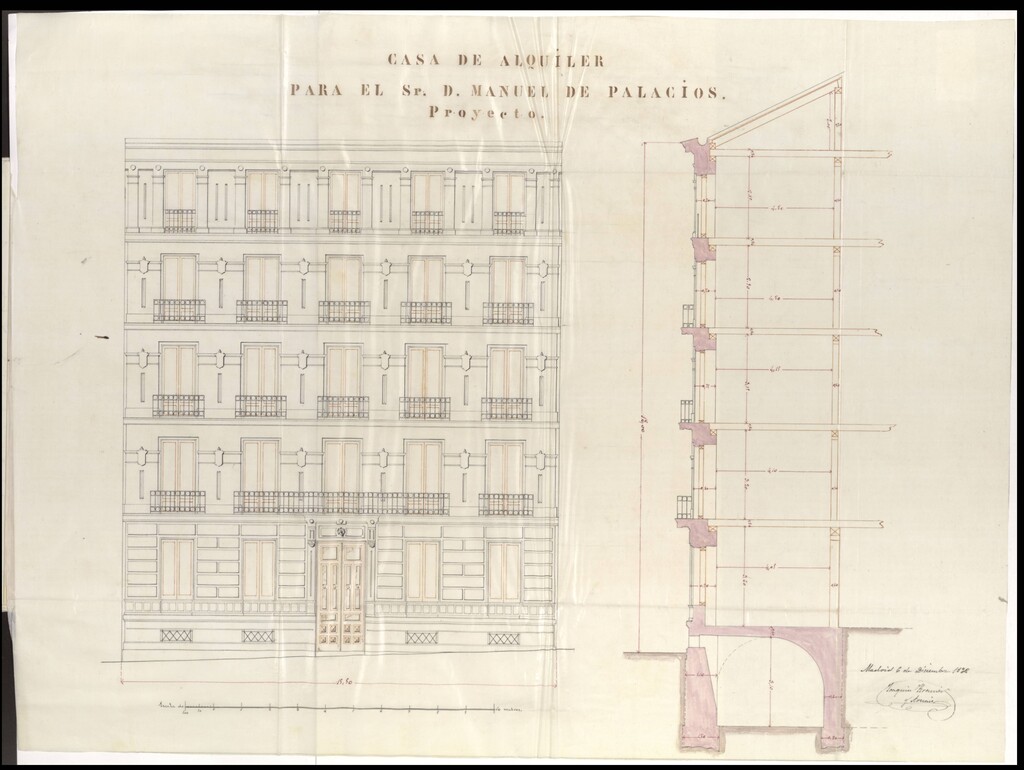 Miniatura de D. Manuel de Palacios, en solicitud de licencia para construir de nueva planta en el solar de su propiedad nº 1, contiguo de la calle del Sauco.