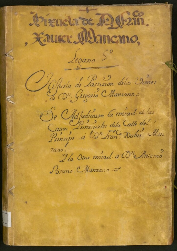 Miniatura de Hijuela de D. Fran[cis]co Javier Manzano [Manuscrito] : legajo 5º: hijuela de partición de los bienes de D. Gregorio Manzano: se adjudicaron la mitad de las cassas principales de la calle del Príncipe a D. Fran[cis]co Javier Manzano y la otra mitad a D[o]n Antonio Bruno Manzano
