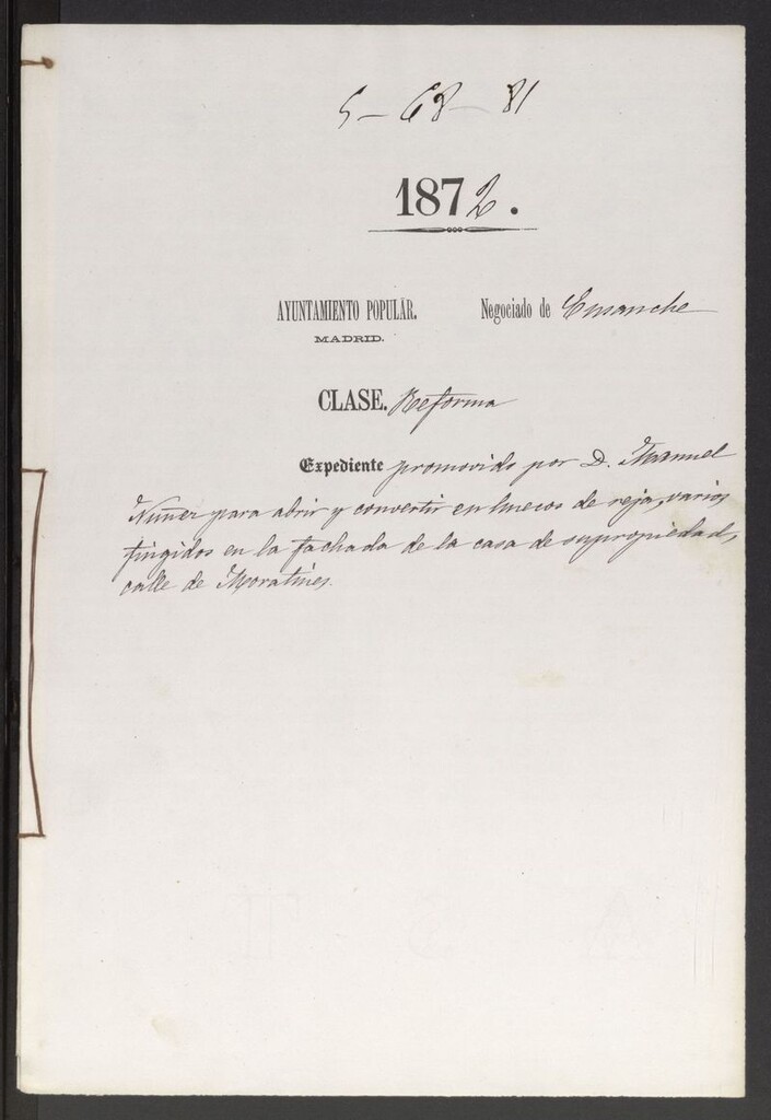 Miniatura de D. Manuel Nuñez, para abrir y convertir en huecos de reja, varios trigidos en la fachada de la casa de su propiedad, calle de Moratines.