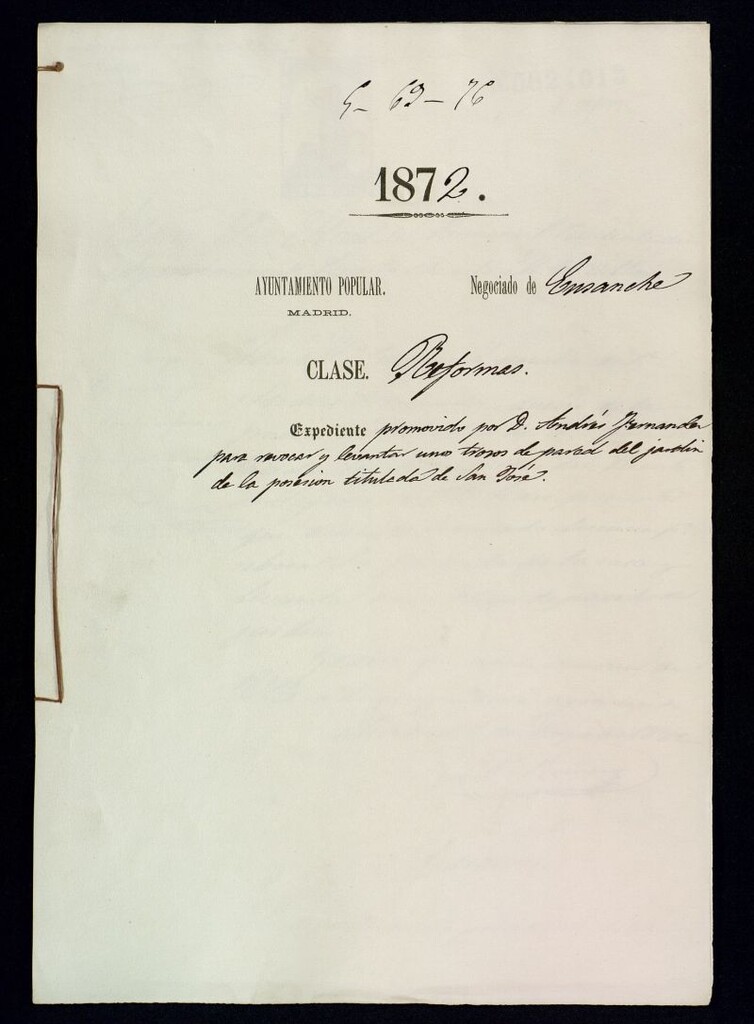 Miniatura de D. Andrés Fernández, para revocar y levantar unos trozos de pared del jardín de la posesión titulada de S. José.