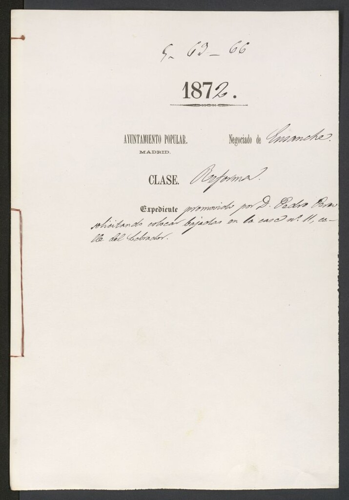 Miniatura de D. Pedro Pérez, solicitando colocar bajadas en la casa nº 11, calle del Labrador.