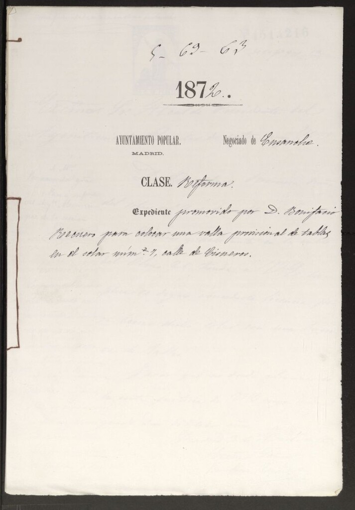 Miniatura de D. Bonifacio Recuero, para colocar una valla provisional de tablas en el solar nº 7, calle de Cisneros.
