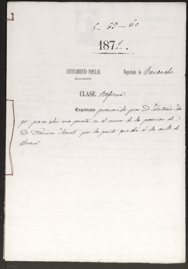 Miniatura de D. Antonio Mayo, para abrir una puerta en el muro de la posesión de D. Francisco Maroto, por la parte que dá a la calle de Serrano.