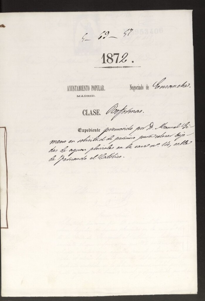 Miniatura de D. Manuel Gimeno, en solicitud de permiso para colocar bajadas de aguas pluviales en la casa nº 14, calle de Fernando el Católico.