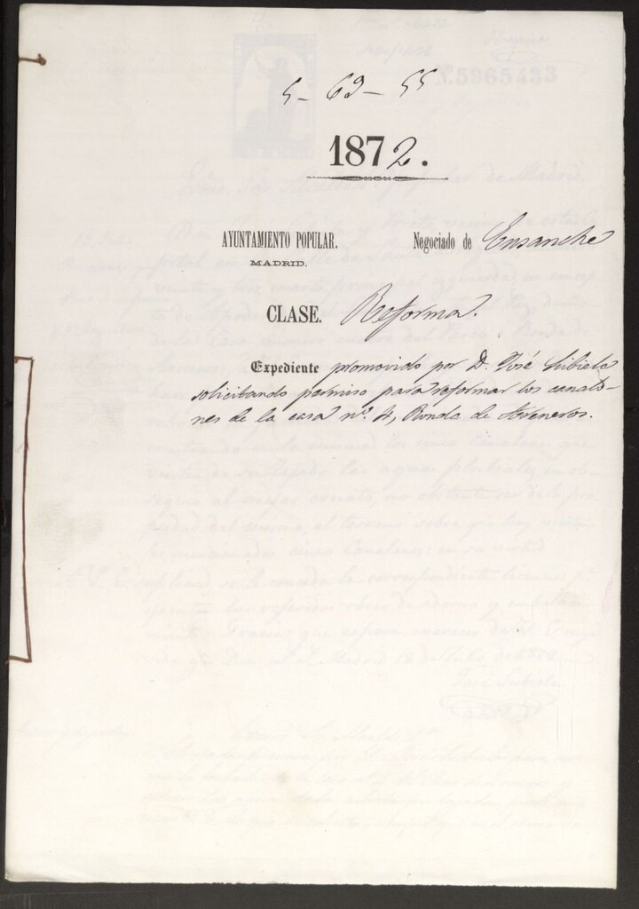 Miniatura de D. José Subiela, solicitando permiso para reformar los canalones de la casa nº 4, Ronda de Areneros.
