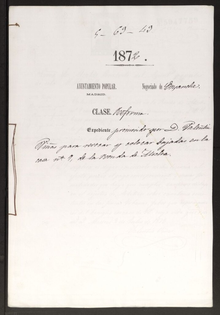Miniatura de D. Valentín Viñas, para revocar y colocar bajadas en la casa nº 7, de la Ronda de Atocha.