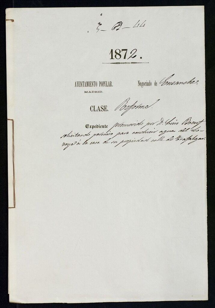 Miniatura de D. Luis Boent, solicitando permiso para conducir aguas del Lozoya a la casa de su propiedad calle de Trafalgar.