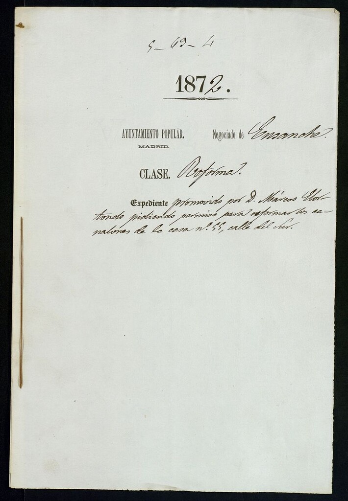 Miniatura de D. Marcos Elortondo, pidiendo permiso para reformar los canalones de la casa nº 55, calle del Sur.