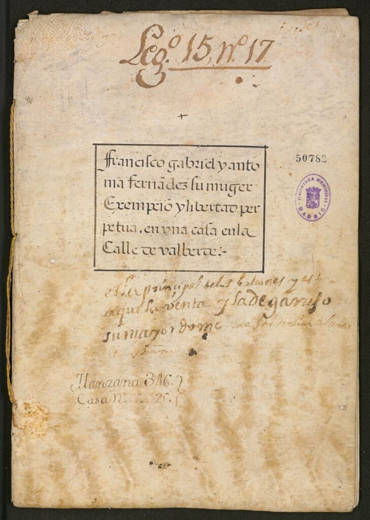 Miniatura de Francisco Gabriel y Antonia Ferna[n]dez [o Hernández] su muger Exempcio[n] y libertad perpetua, en una casa en la Calle de Valberde