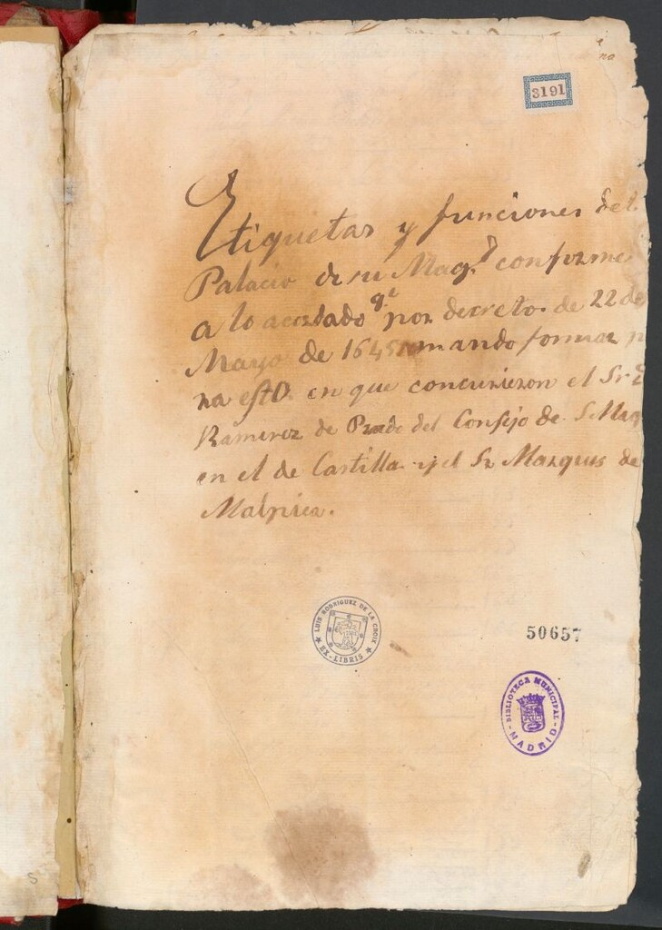 Miniatura de Etiquetas y funciones del Palacio de su Mag[esta]d conforme a lo acordado q[u]e por decreto de 22 de Mayo de 1645 mando formar para esto en que concurrieron el Sr. D. Ramírez de Prado del Consejo de S. Mag[estad] en el de Castilla y el Sr. Marques de Malpica
