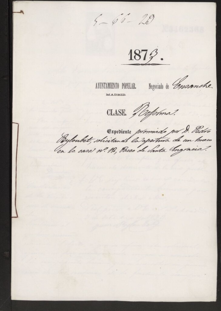 Miniatura de D. Pedro Peyluoubet, solicitando la apertura de un hueco en la casa nº 12, Paseo de Santa Engracia.