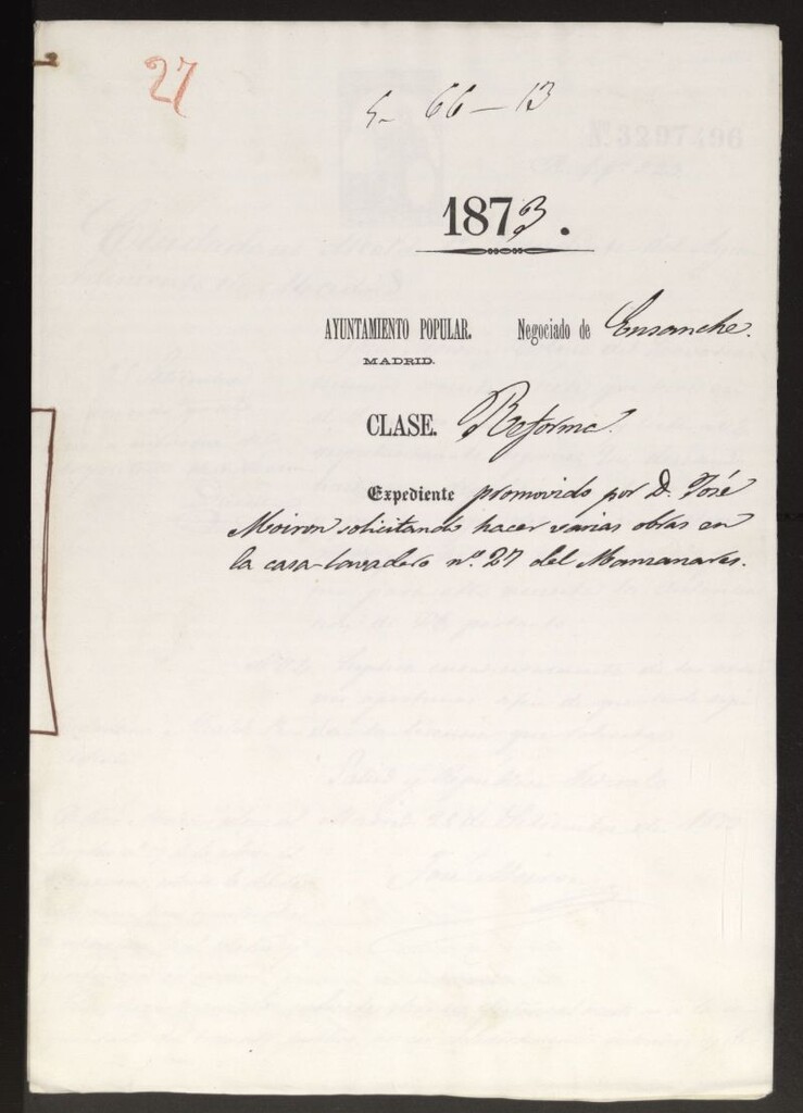 Miniatura de D. José Moiron, solicitando hacer varias obras en la casa-lavadero nº 27 del Manzanares.