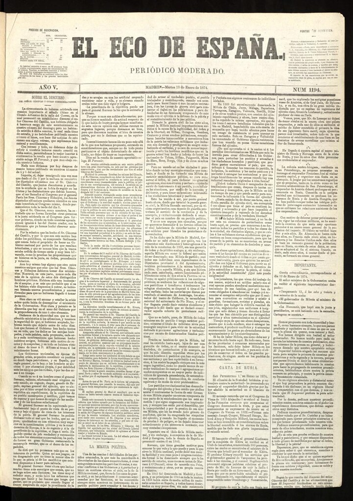Miniatura de El Eco de España del 13 de enero de 1874