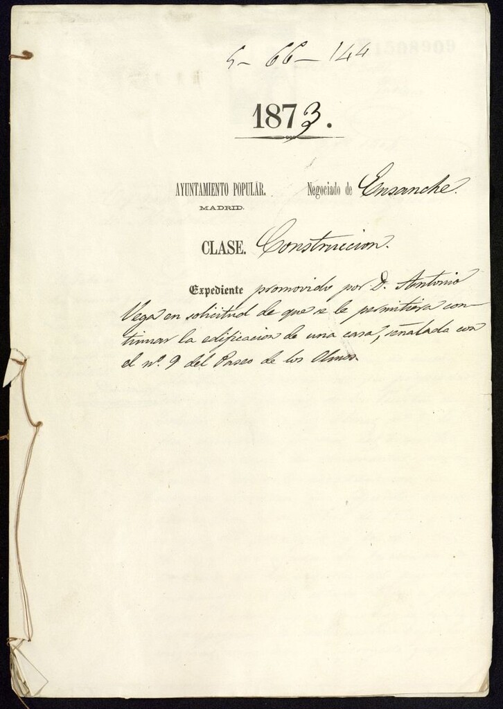 Miniatura de D. Antonio Vega, en solicitud de que se le permitiera continuar la edificación de una casa, señalada con el nº 9 del Paseo de los Olmos.