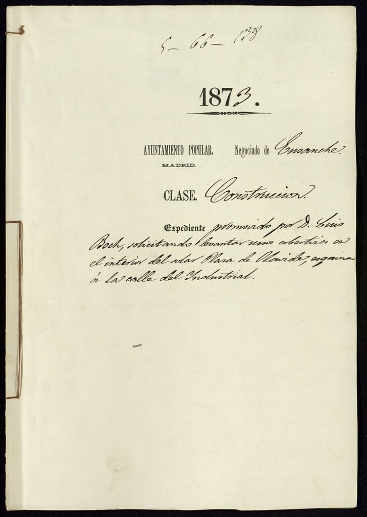 Miniatura de D. Luis Boch, solicitando levantar un cobertizo en el interior del solar Plaza de Olavide, esquina a la calle del Industrial.