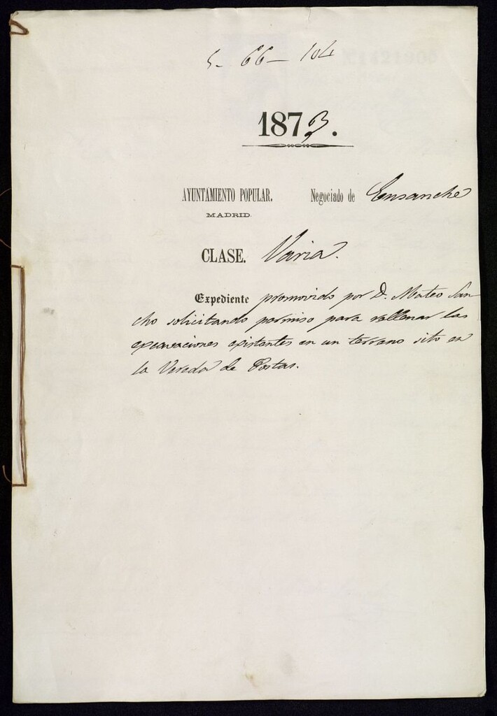 Miniatura de D. Mateo Sancho, solicitando permiso para rellenar las excavaciones existentes en un terreno sito en la Vereda de Postas.