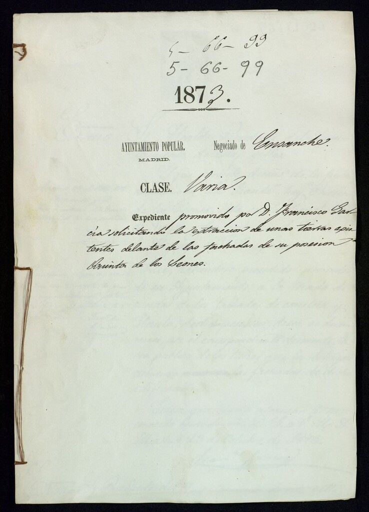 Miniatura de D. Francisco García, solicitando la extracción de unas tierras existentes de lante de las fachadas de su posesión Quinta de los Leones.