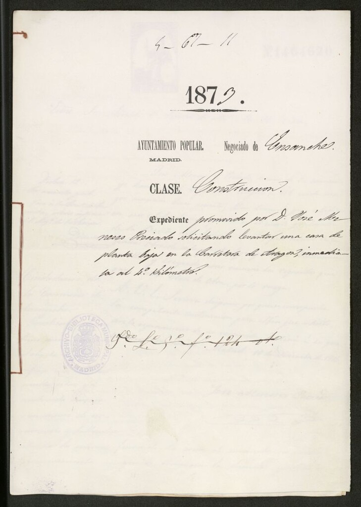 Miniatura de D. José Meneses Preciado, solicitando levantar una casa de planta baja en la Carretera de Aragón inmediata al 4º kilómetro.