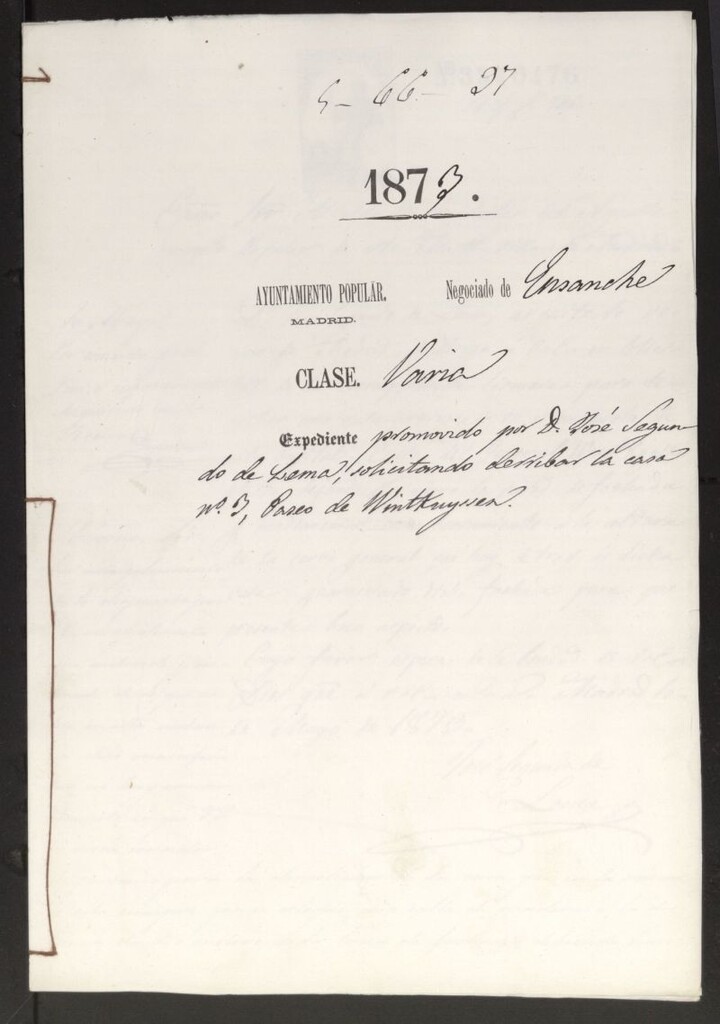 Miniatura de D. José Segundo de Lema, solicitando derribar la casa nº 3, Paseo de Wintttruyssen.