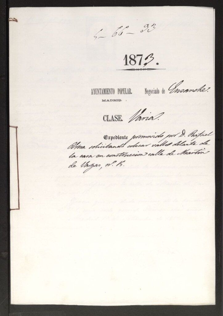 Miniatura de D. Rafael Arosa, solicitando colocar vallas delante de la casa en construcción calle de Martín de Vargas, nº 15.