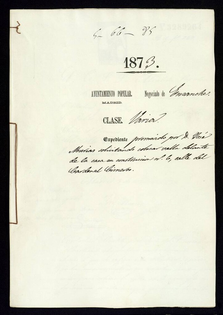 Miniatura de D. José Murias, solicitando colocar valla delan te de la casa en construcción nº 6, de la calle del Cardenal Cisneros.