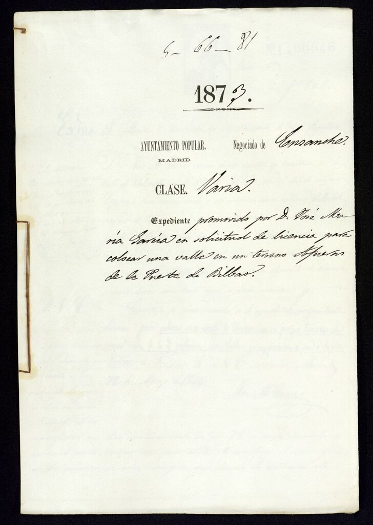 Miniatura de D. José María García, sollicitud de licencia para colocar una valle en un terreno afueras de la Puerta de Bilbao.