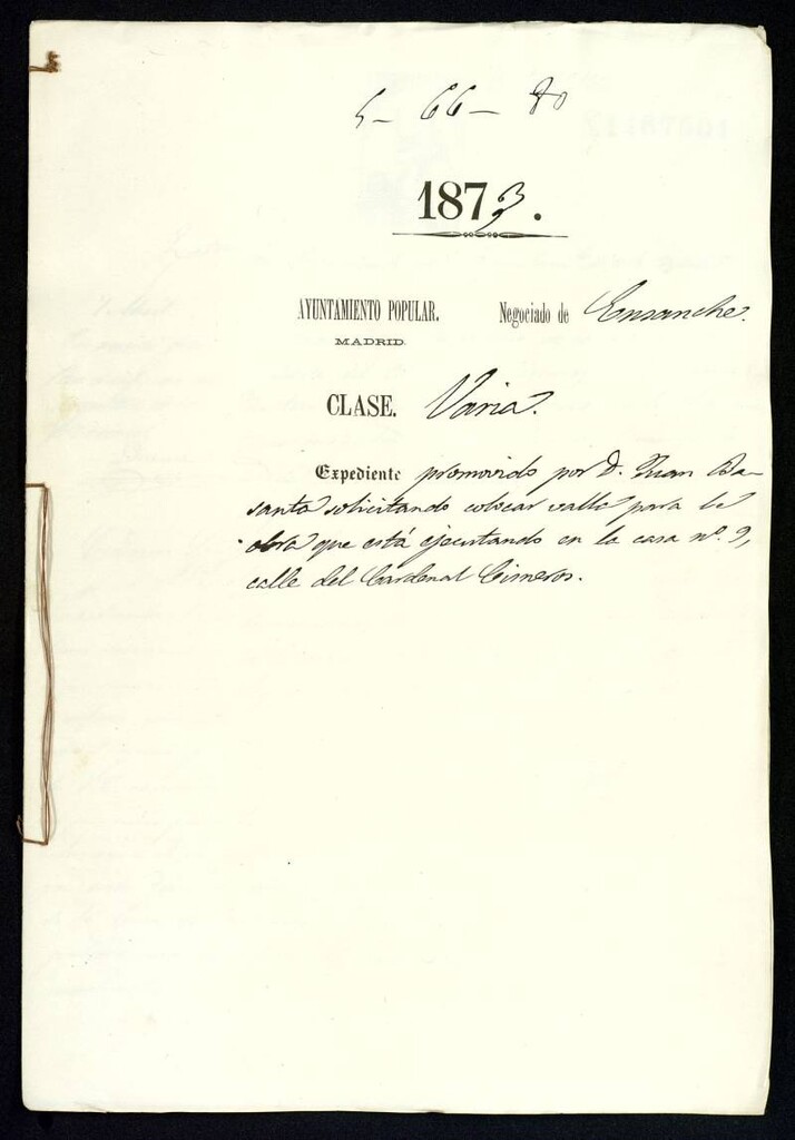 Miniatura de D. Juan Basanta, solicitando colocar valla para obra que está ejecutando en la casa nº 9, calle del Cardenal Cisneros.