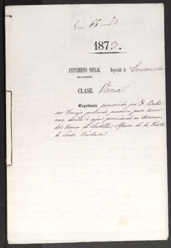 Miniatura de D. Baltasar Horcajo, pidiendo permiso para hacer una casilla o cajón provisinal en terrenos del Banco de Castilla, afueras de la Puerta de Santa Bárbara.