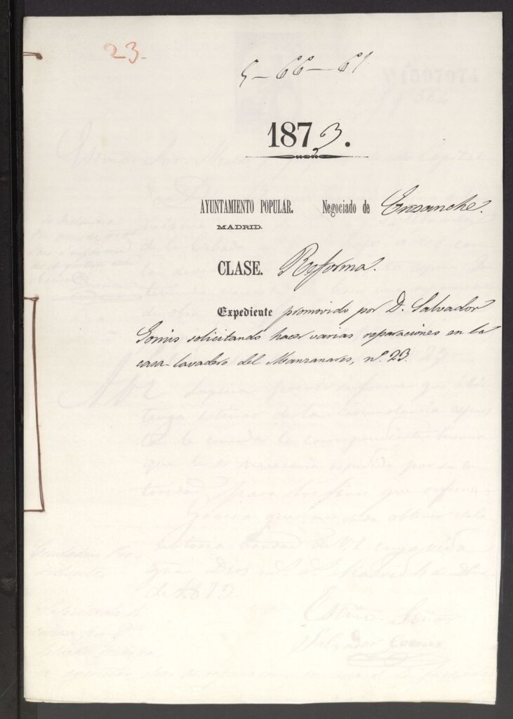 Miniatura de D. Salvador Gomis, solicitando hacer varias reparaciones en la casa-lavadero del Manzanares, nº 23.