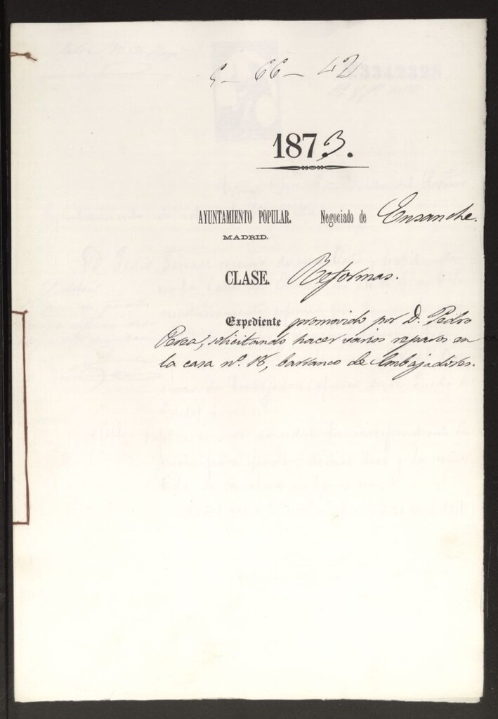 Miniatura de D. Pedro Prea, solicitando hacer varios reparos en la casa nº 5, barranco de Embajadores.