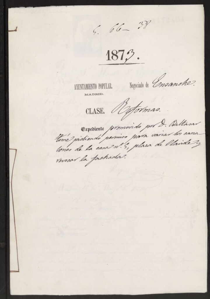 Miniatura de D. Baltasar Tomé, pidiendo permiso para variar los canalones de la casa nº 5, plaza de Olavide y revocar la fachada.