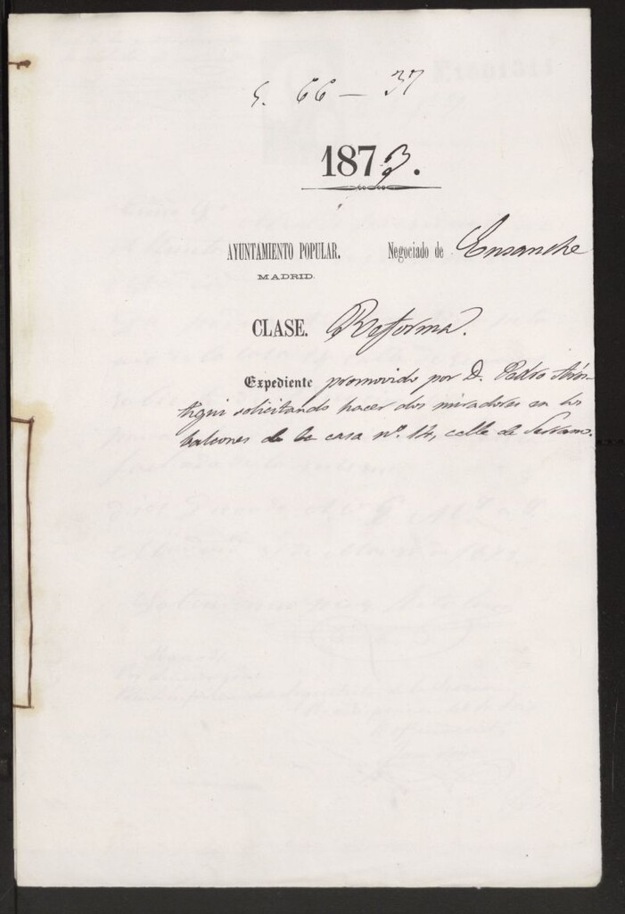 Miniatura de D. Pedro Arestegui, solicitando hacer dos miradores en los balcones de la casa nº 14, calle de Serrano.