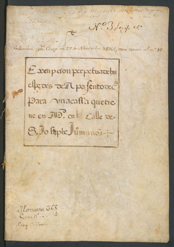 Miniatura de Exenpción perpetua de huéspedes de aposento de c[or]te para una cassa que tiene en M[adri]d en la calle de S. Joseph Ju[an] muñoz