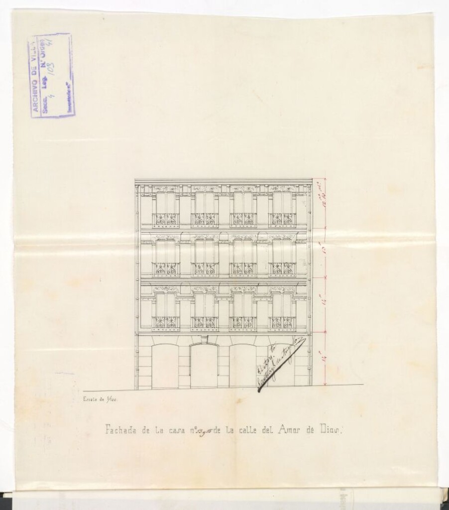 Miniatura de D. José Simón y Radó, en solicitud de licencia para reedificar la casa nºs 13 y 15 moderno de la calle del Amor de Dios.
