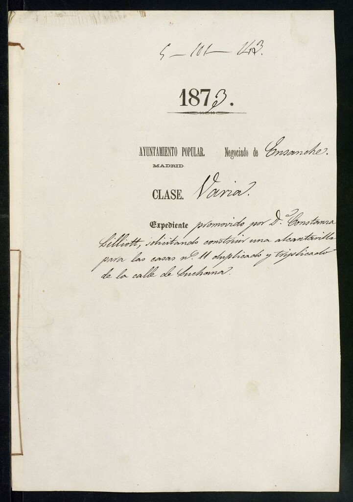 Miniatura de Dª. Constanza Lilliott, solicitando construir una alcantarilla para las casas nº 11 duplicado y triplicado de la calle de Luchana.