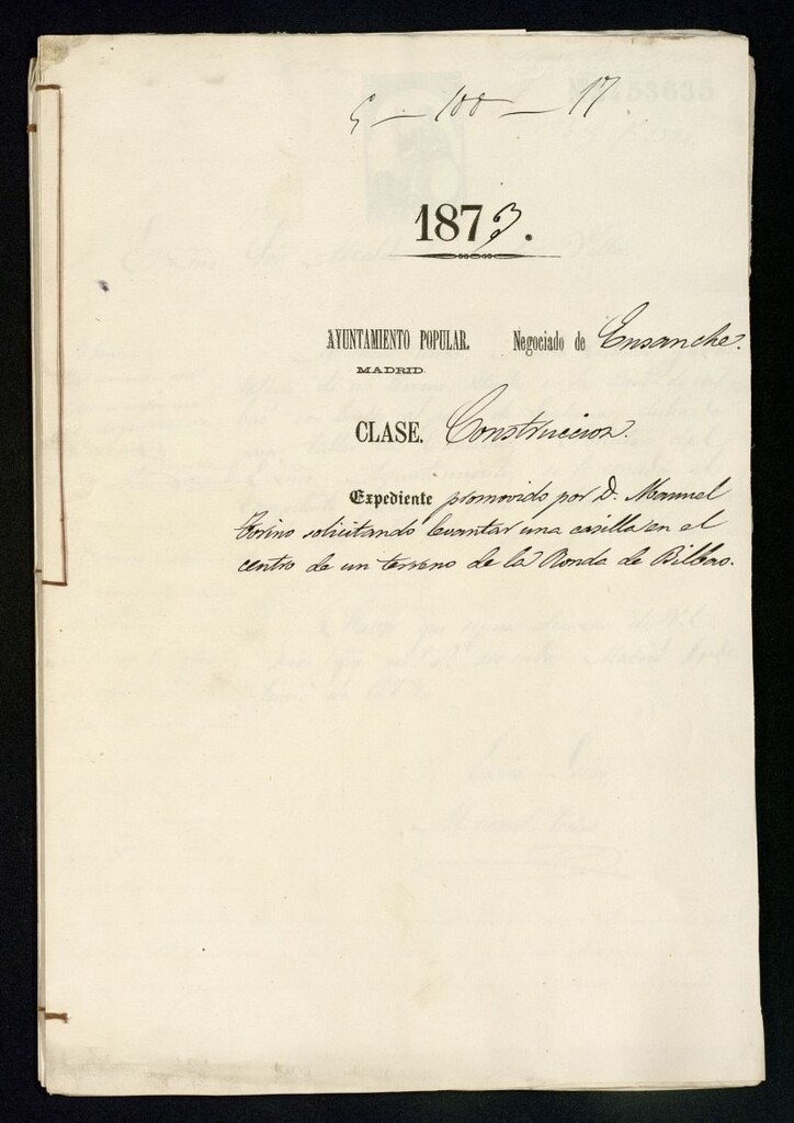 Miniatura de D. Manuel Torino, solicitando levantar una casilla en el centro de un terreno de la ronda de Bilbao.