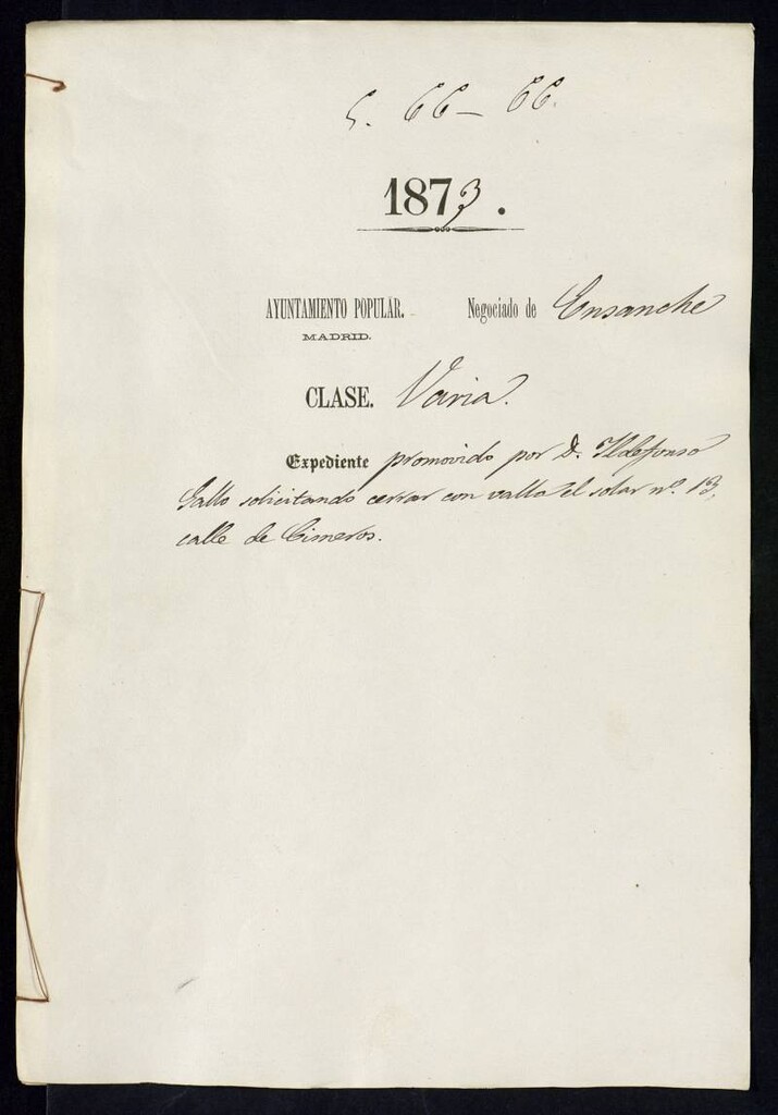 Miniatura de D. Ildefonso Gallo, solicitando cercar con valla el solar nº 13, calle de Cisneros.