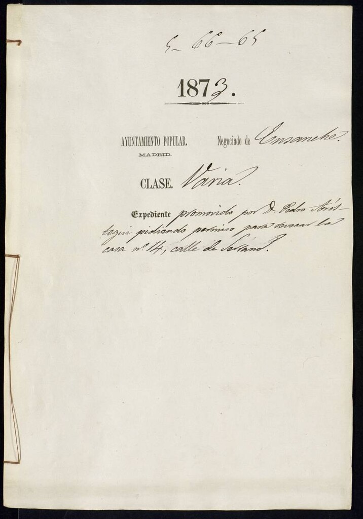 Miniatura de D. Pedro Arestegui, pidiendo permiso para revocar la casa nº 14, calle de Serrano.