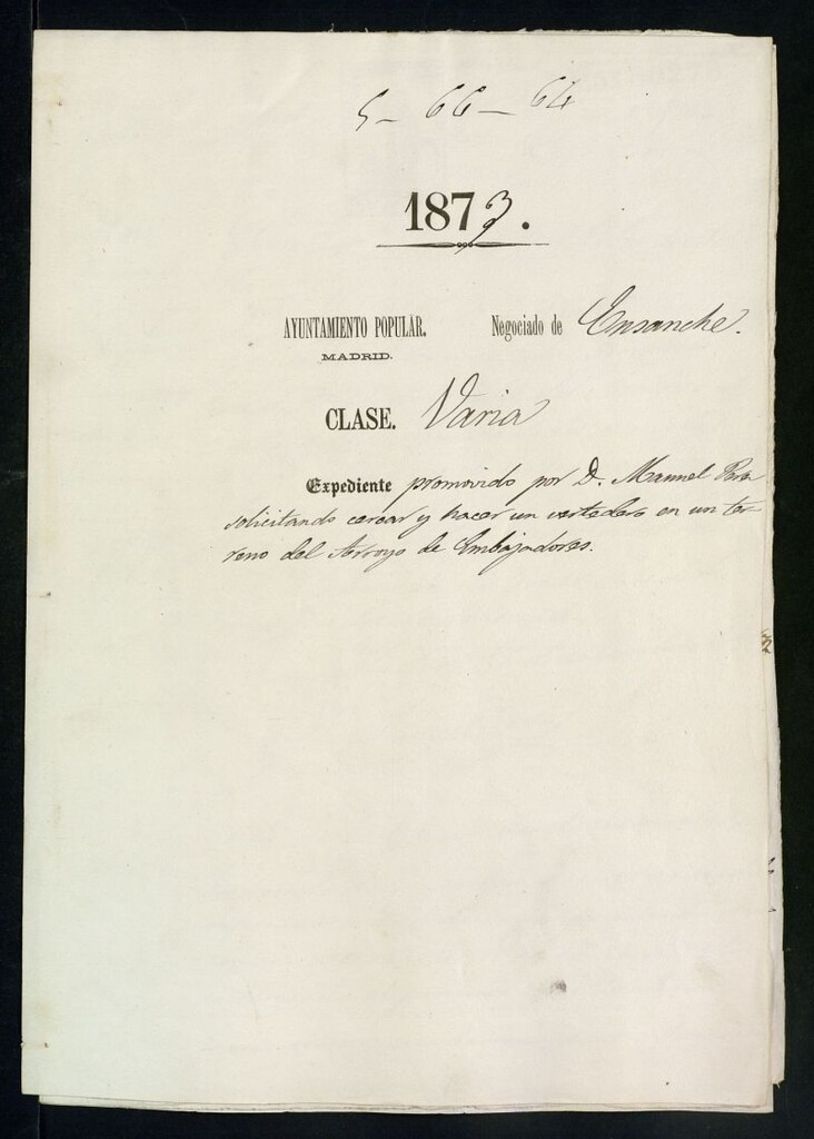 Miniatura de D. Manuel Pérez, solicitando cercar y hacer un vertedero en un terreno del Arroyo de Embajadores.