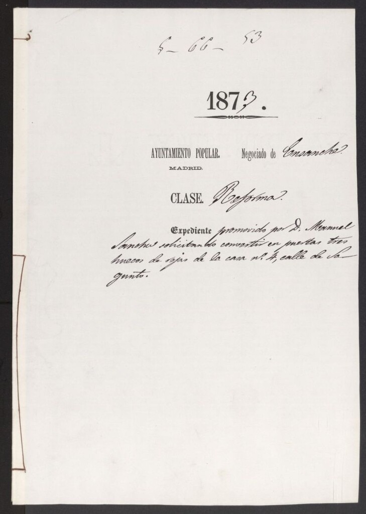 Miniatura de D. Manuel Sánchez, solicitando convertir en puertas tres huecos de rejas de la casa nº 4, calle de Sagunto.